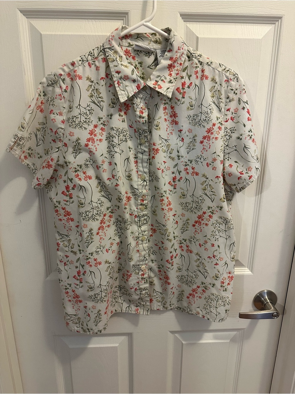 White Stag White Button-Up Blouse with Pink Floral and Green Foliage